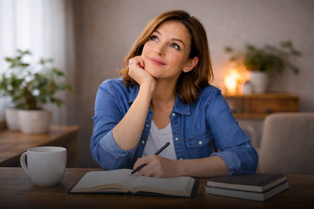 En person som sitter vid ett skrivbord med en öppen bok och en penna, med ett fundersamt men hoppfullt uttryck, symboliserande reflektion och personlig utveckling