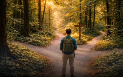 En person som står vid en vägkorsning med flera vägar som leder in i en skog, symboliserande val och personlig riktning