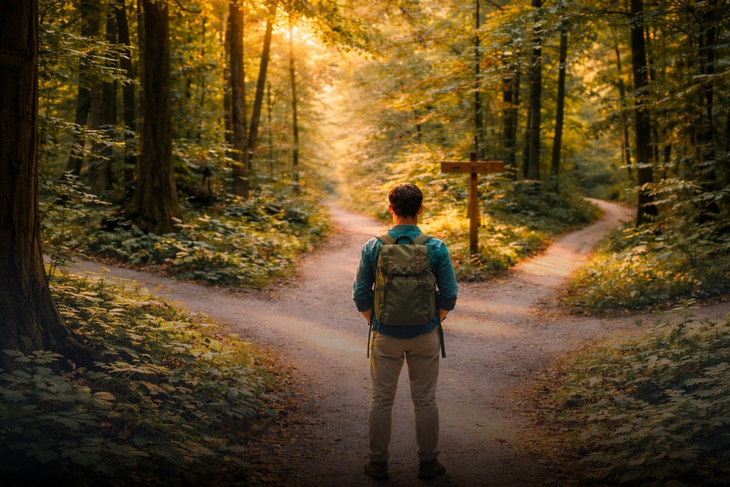 En person som står vid en vägkorsning med flera vägar som leder in i en skog, symboliserande val och personlig riktning